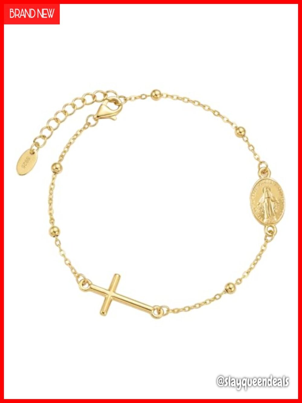 925 Sterling Silver 18K Gold Plated Cross Bracelet Link Chain Adjustable